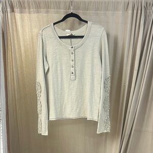 Ecru Crochet Trim Long Sleeve Henley Top - Easel